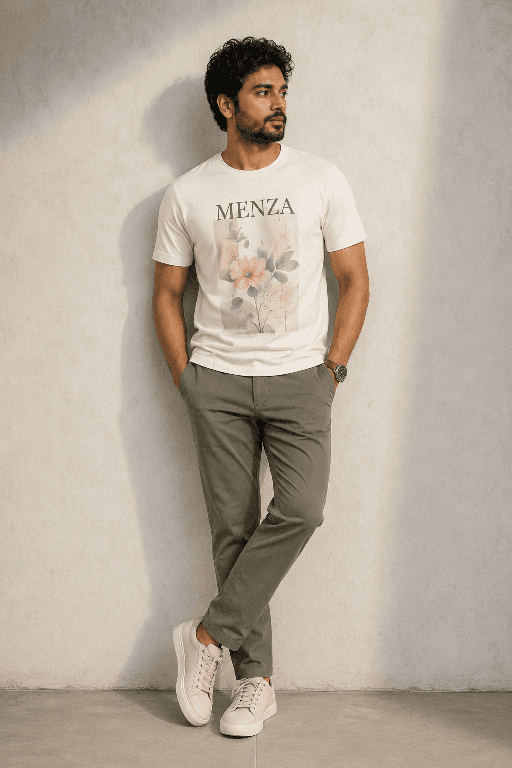 Indian man wearing MENZA graphic printed tee with bold pastel artwork design, Mumbai street style