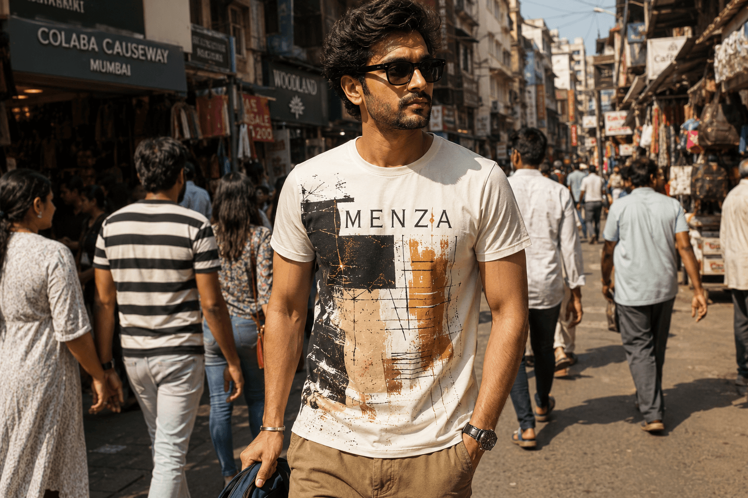 Indian man wearing MENZA graphic printed tee with bold artwork design, Mumbai street style