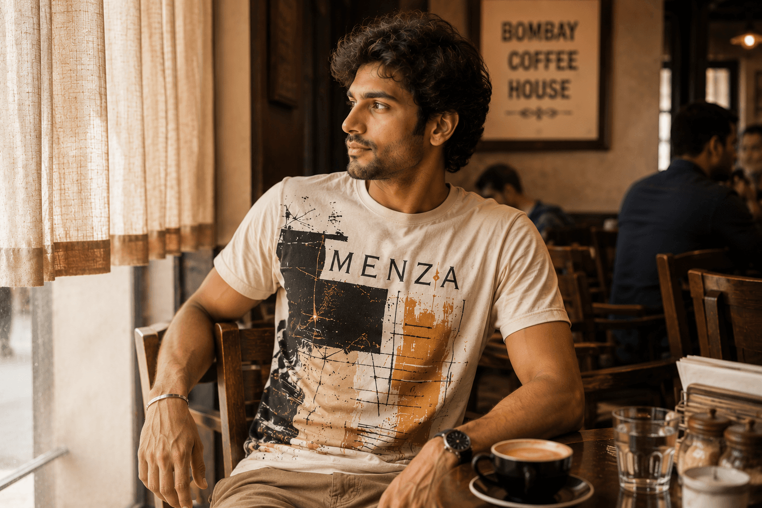 Indian man wearing MENZA graphic printed tee with bold artwork design, Mumbai street style