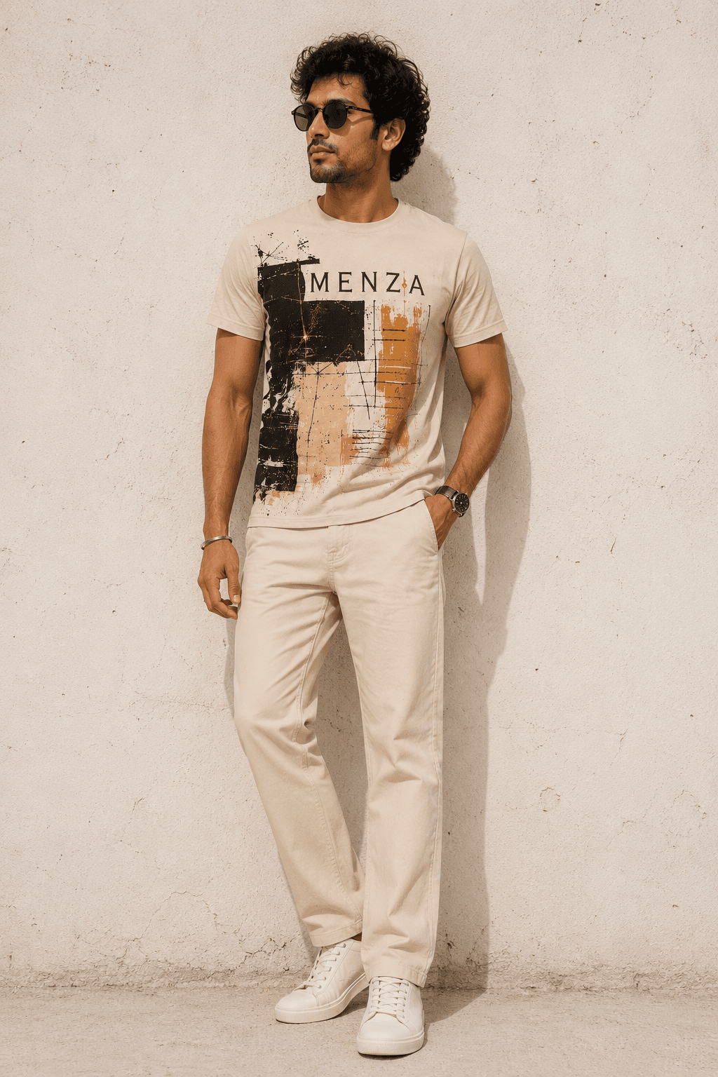 Indian man wearing MENZA graphic printed tee with bold typography design, Mumbai street style