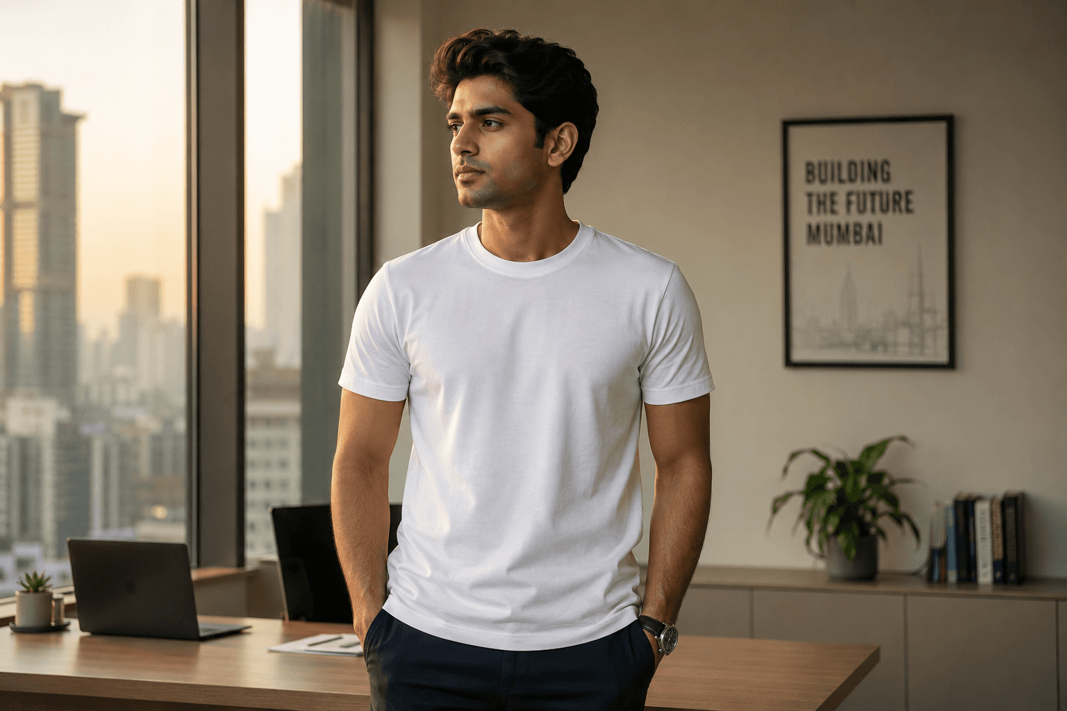 man wearing white cotton t-shirt in Mumbai office