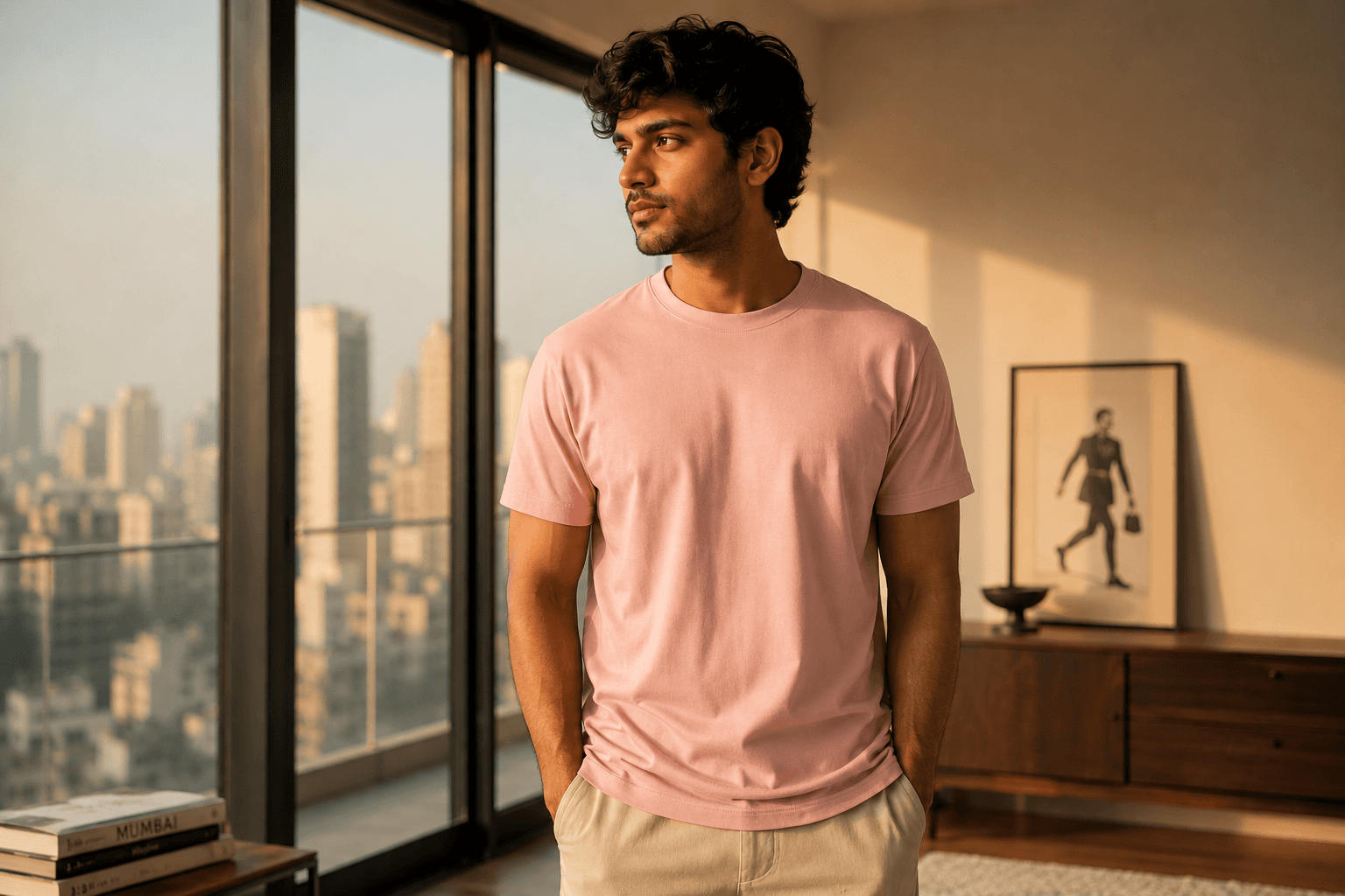 Man wearing a pastel pink cotton t-shirt in a Mumbai street style setting