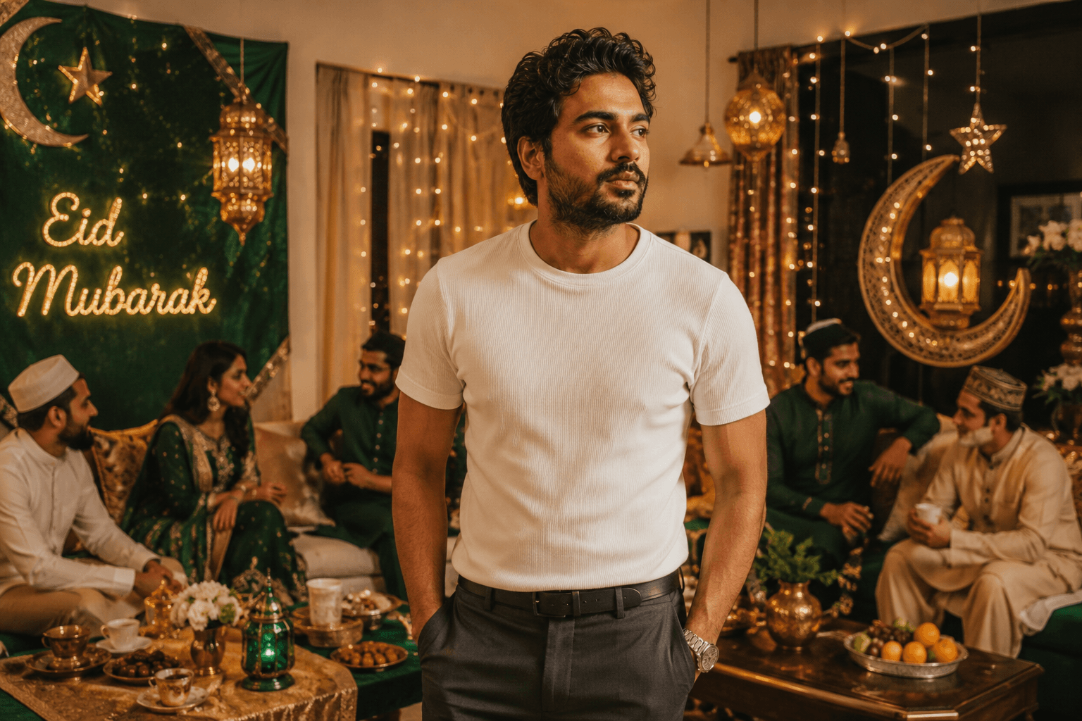 Indian man wearing a white half sleeve t-shirt and smart casual outfit in a festive setting