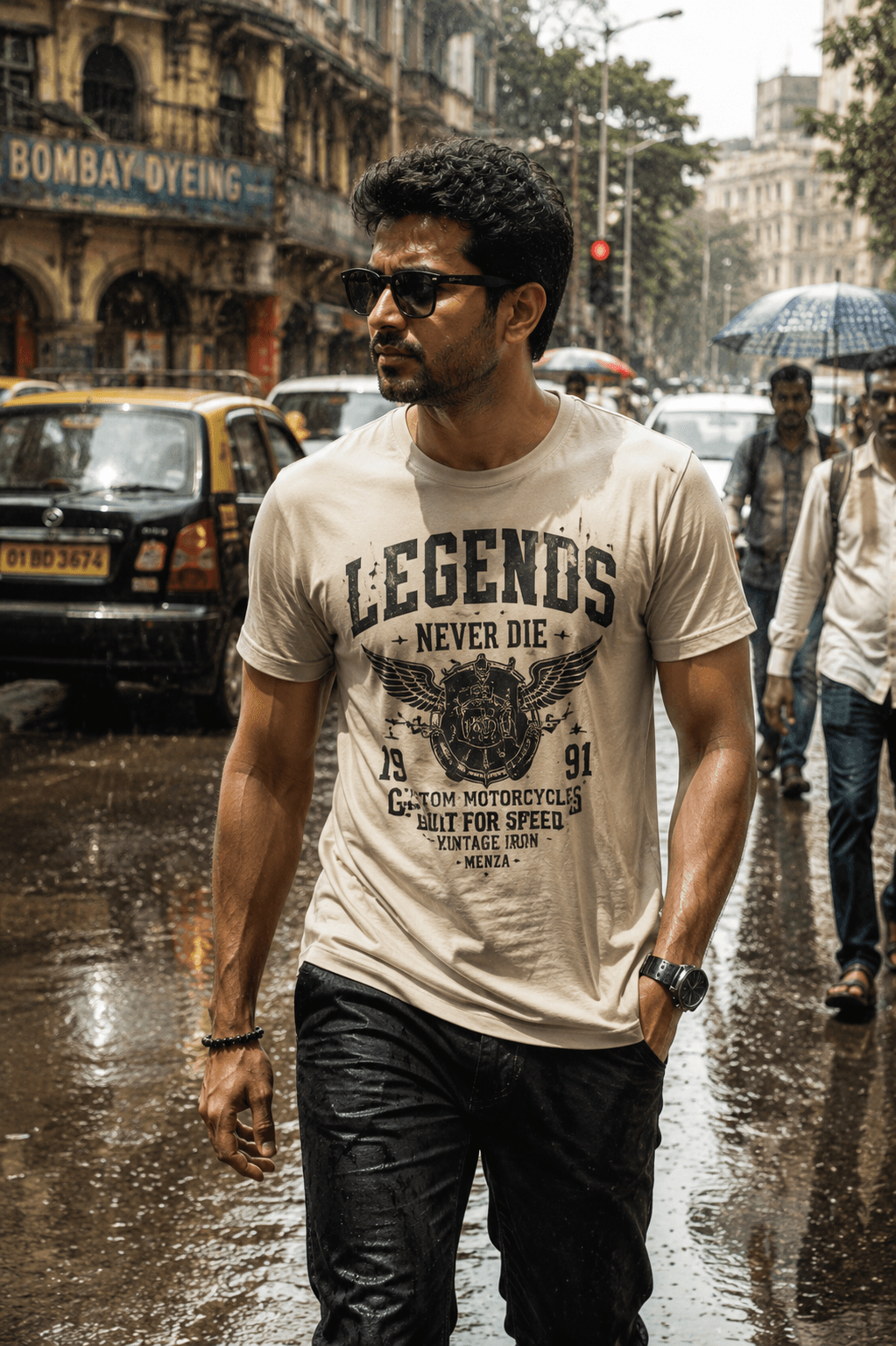 Indian man wearing MENZA graphic printed tee with bold artwork design, Mumbai street style