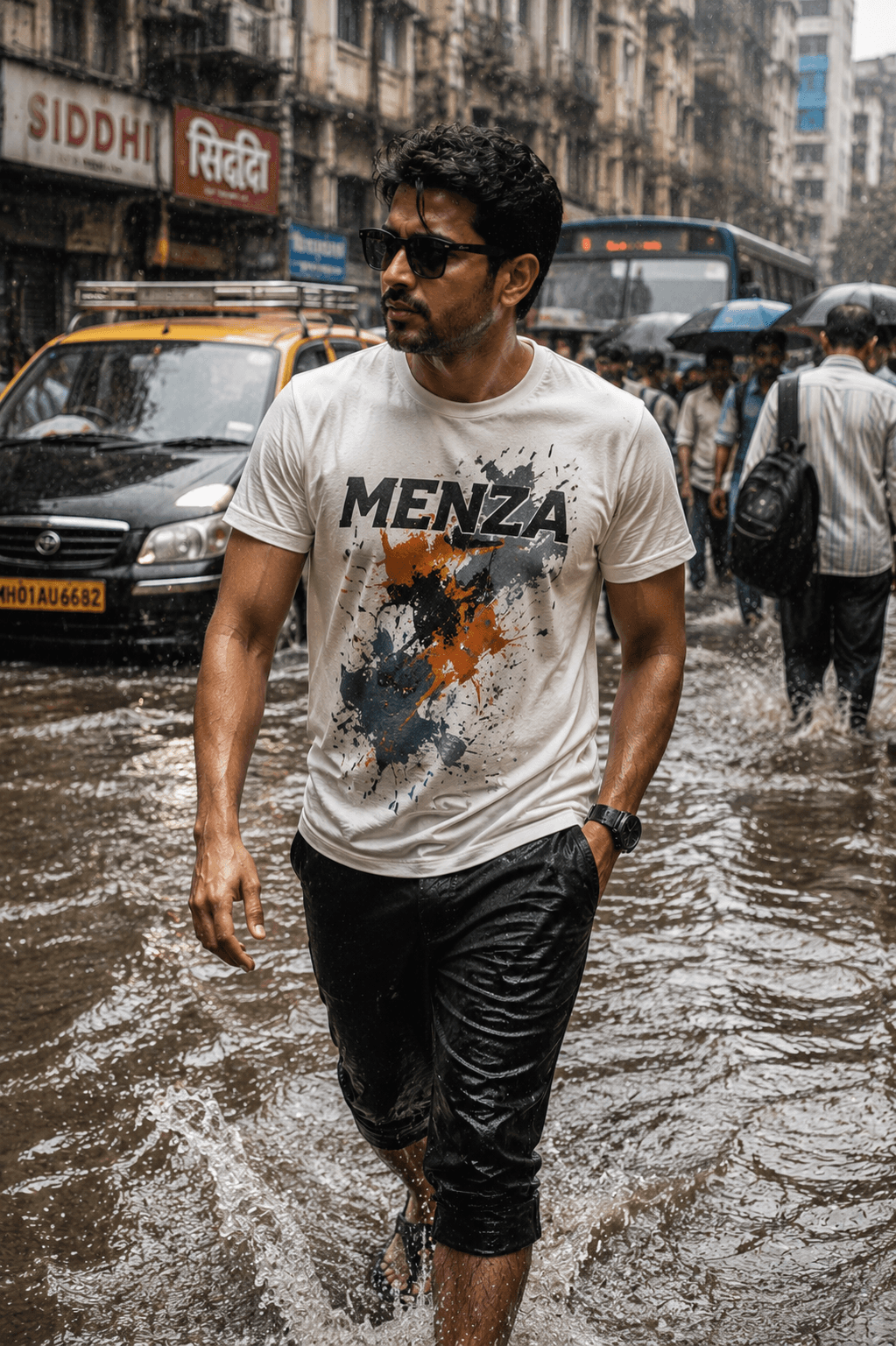 Indian man wearing MENZA graphic printed tee with bold abstract artwork design, standing in front of a Mumbai street during monsoon season
