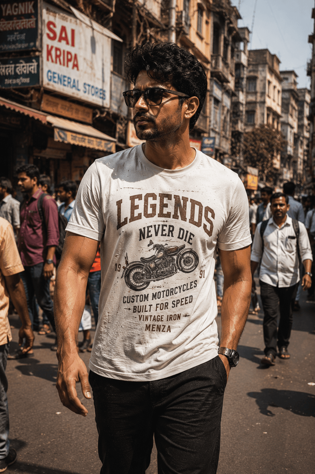 Indian man wearing MENZA graphic printed tee with bold artwork design, Mumbai street style