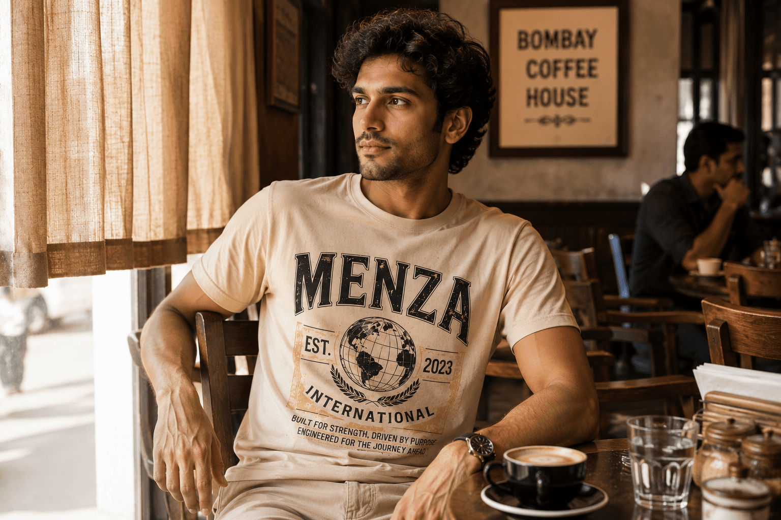 Indian man wearing MENZA graphic printed tee with bold artwork design, Mumbai street style