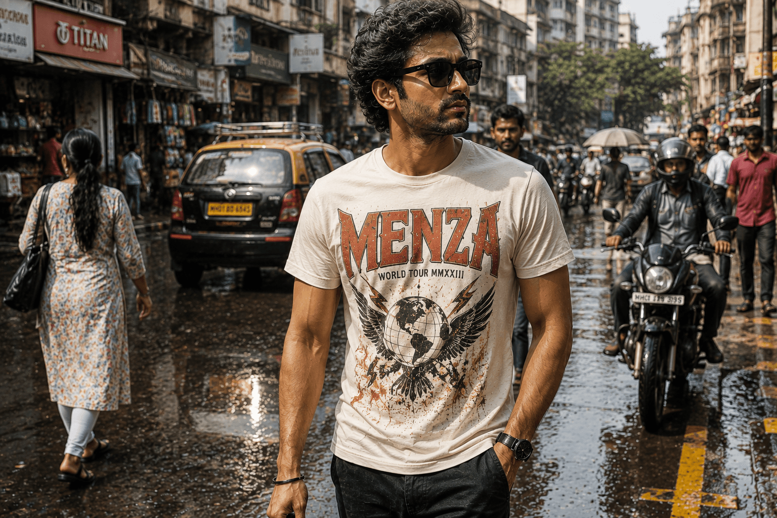 Indian man wearing MENZA graphic printed tee with bold artwork design, Mumbai street style